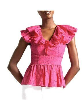 Ted Baker London Mazieh Broderie Peplum Eyelet Top Bright Pink NWT